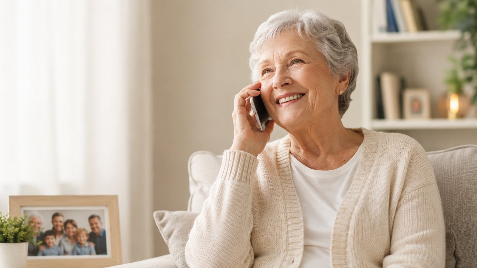 A grandmother smiling on the phone